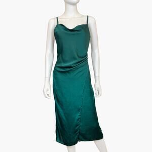 NWT 2BELLA "Sausalito" Satin Asymmetric Wrap Slit Midi Dress (Emerald | Size S)